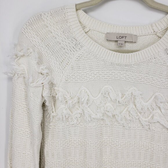 3/$25 LOFT Fringe Trim Pullover Sweater XS Womens Boho Cream - Picture 4 of 9